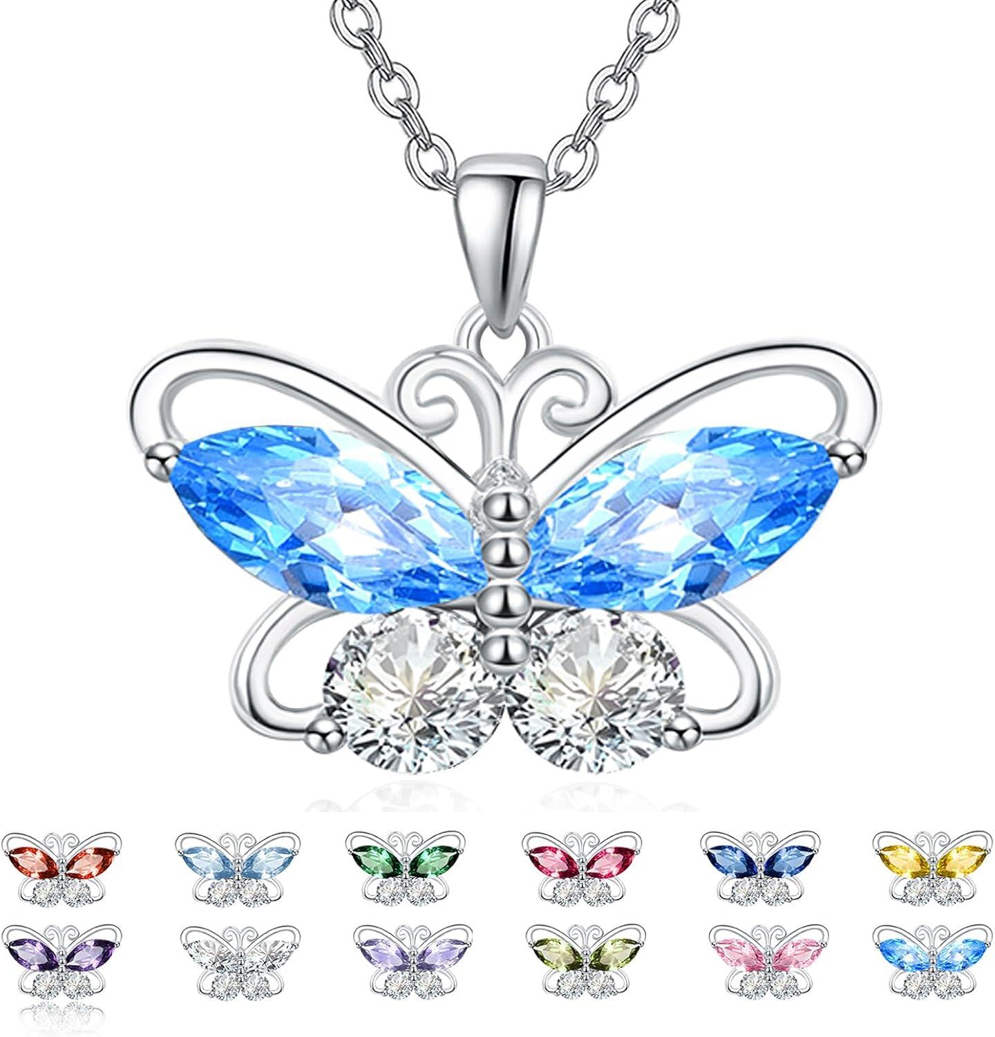 Sterling Silver Cubic Zirconia 12 Birthstone Butterfly Pendant Necklace-12-Dec.