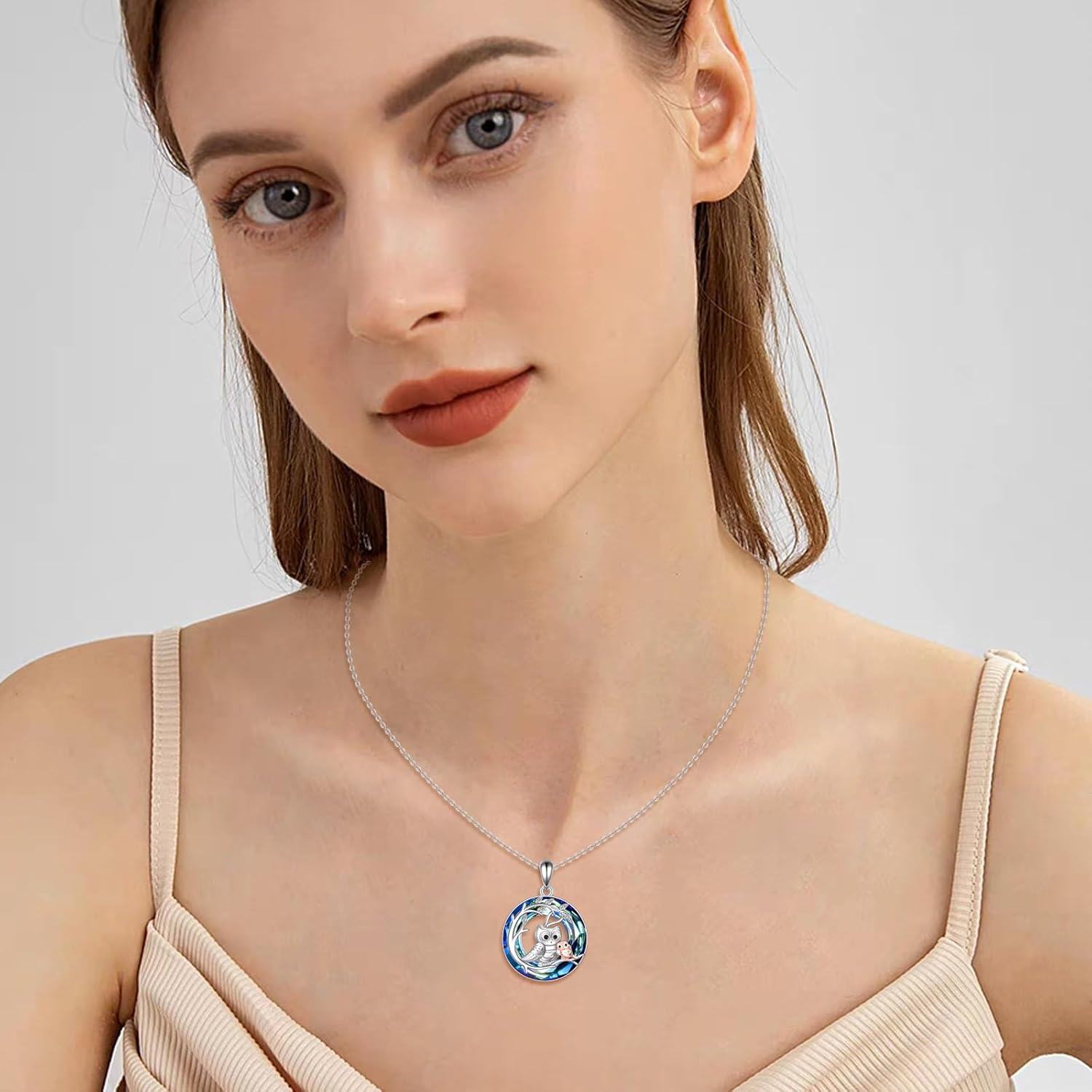 Sterling Silver Abalone Shell Blue Crystal Owl Necklace Pendant for Women Mum-0-3
