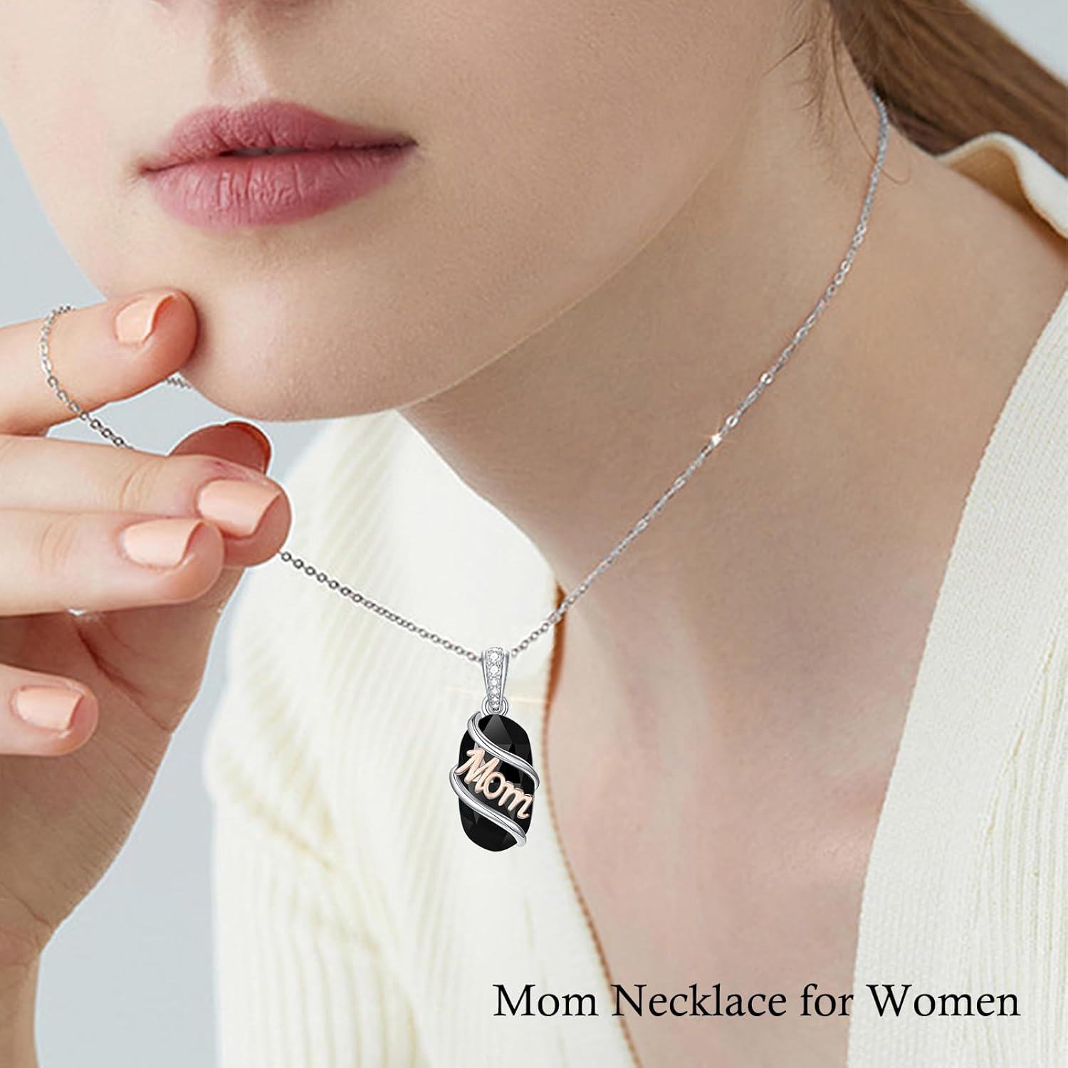 925 Sterling Silver Black Onyx Mom Pendant Necklace for Women's Gifts-0-2