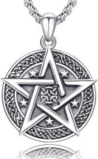 wholesale 925 Sterling Silver Abalone Shell Pentacle Pendant with Celtic Knot and Stars for Men Women Norse Viking Gothic Punk Style Necklace  47mm x 38mm-Retro Pentacle Necklace with Black Accents