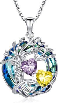 wholesale 18K White Gold Filled Sterling Silver Family Tree Pendant with 2 Heart Birthstones Blue Austrian Crystal Necklace for Women-06-11-Jun-Nov Birthstone
