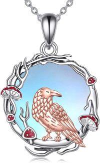 wholesale 925 Sterling Silver Raven Pendant with Mushrooms and Branches - Unique Bird Charm Necklace for Women-Crow