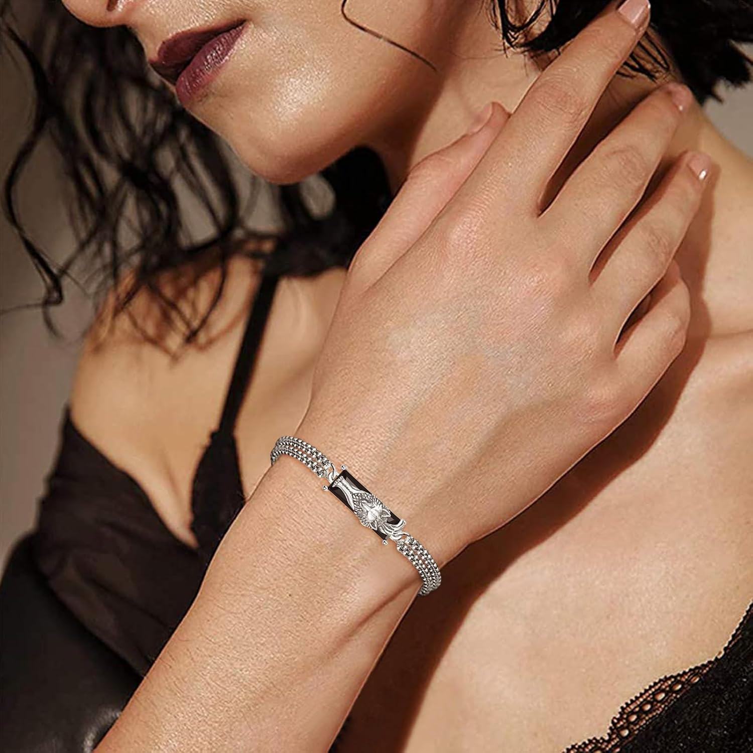 wholesale 925 Sterling Silver Chain Link with Black Crystal Animal Head Charm Bracelet for Men & Women-0-3
