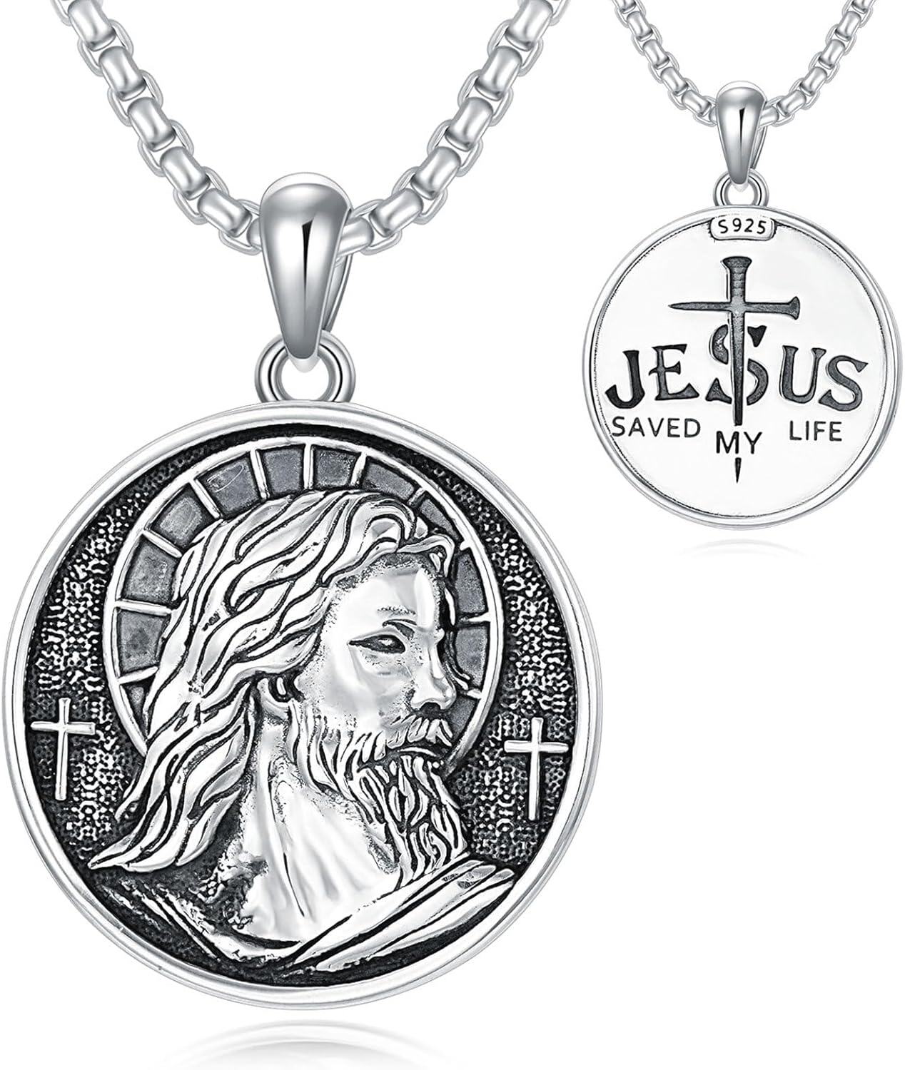 Sterling Silver Stone Patron Saint Necklace Amulet Jewelry Gift for Men Women-B04-Jesus Non-personalized