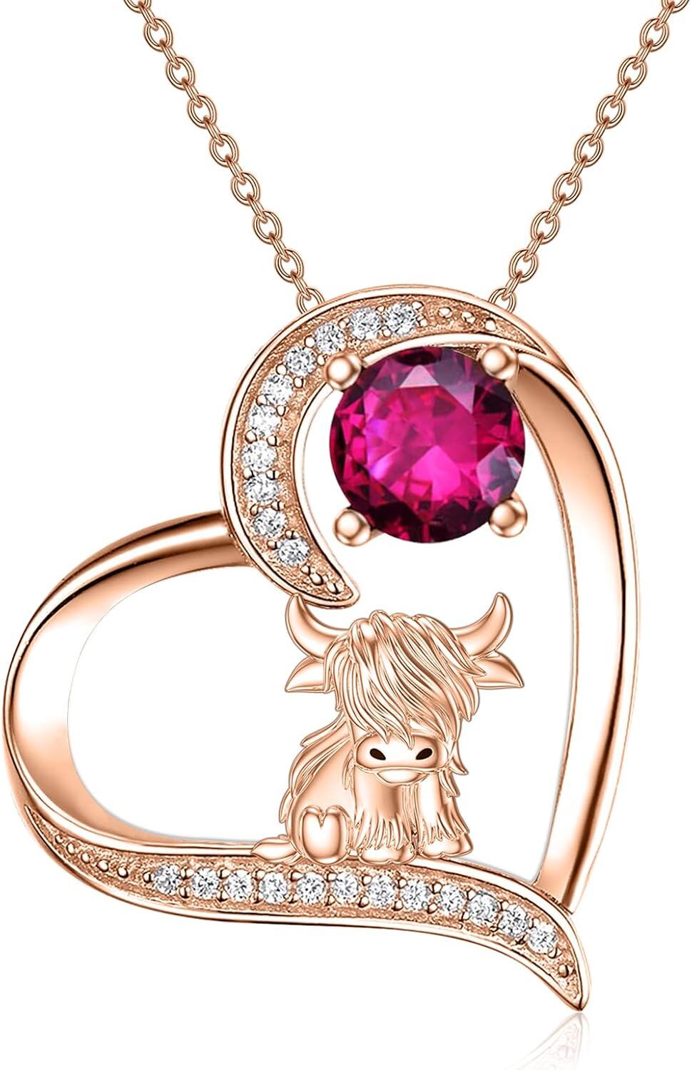 Sterling Silver Highland Cow Birthstone Necklace Jewelry Gifts for Women Girls-2-07--2-07-