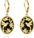 wholesale Gold-Plated 925 Sterling Silver Black Onyx Hummingbird and Flowers Drop Earrings-0-0