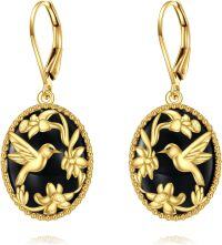 wholesale Gold-Plated 925 Sterling Silver Black Onyx Hummingbird and Flowers Drop Earrings-Hummingbird Earrings