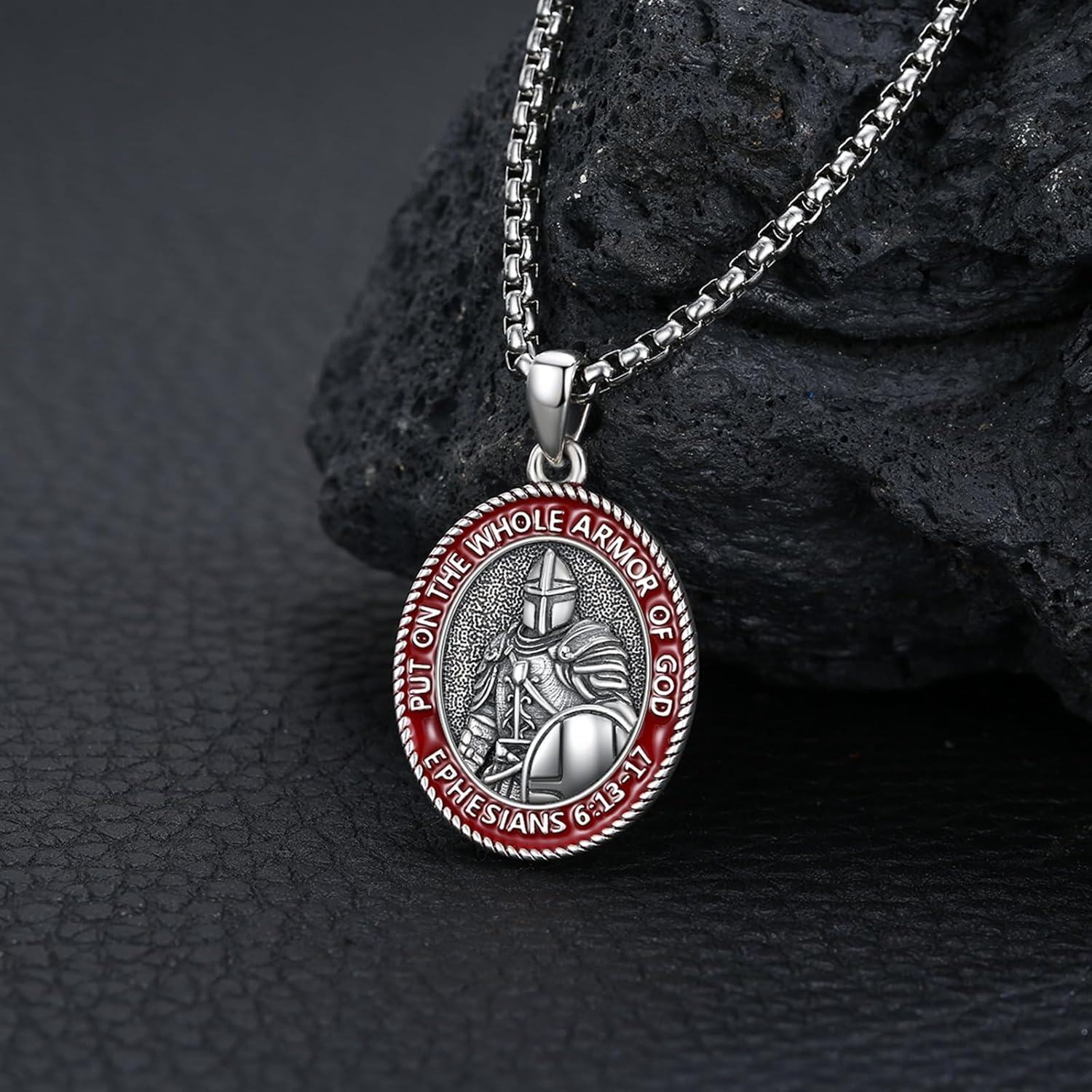 Sterling Silver Stone Saint George Shield Jesus Archangel Knight Templar Armor Pendant Necklace for Men-0-3