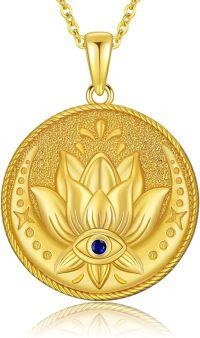 wholesale Gold 925 Sterling Silver Lotus Evil Eye Pendant Necklace Spiritual Protection Amulet -Gold Blue