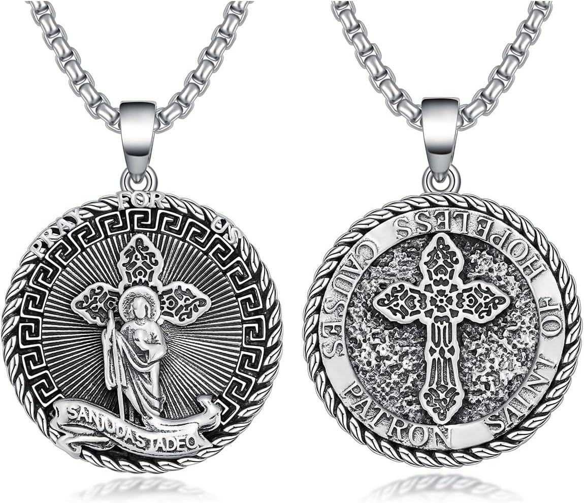 Sterling Silver Stone Patron Saint Necklace Amulet Jewelry Gift for Men Women-B09-St Jude Non-personalized