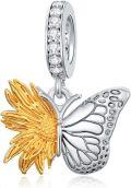 wholesale 925 Sterling Silver Sunflower & Butterfly Dangle Charm Pendant for Bracelet Necklace Jewelry Making Supplies Gifts Women Girls Kids Teens Adults-0-0