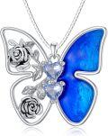 wholesale 925 Sterling Silver Blue Butterfly & Rose Flower Heart Pendant Necklace s for Women Girls-0-0