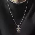 wholesale 925 Sterling Silver Black Enamel Deer Antlers Cross Pendant Necklaces Wholesale with Stainless steel chain for Men -0-3