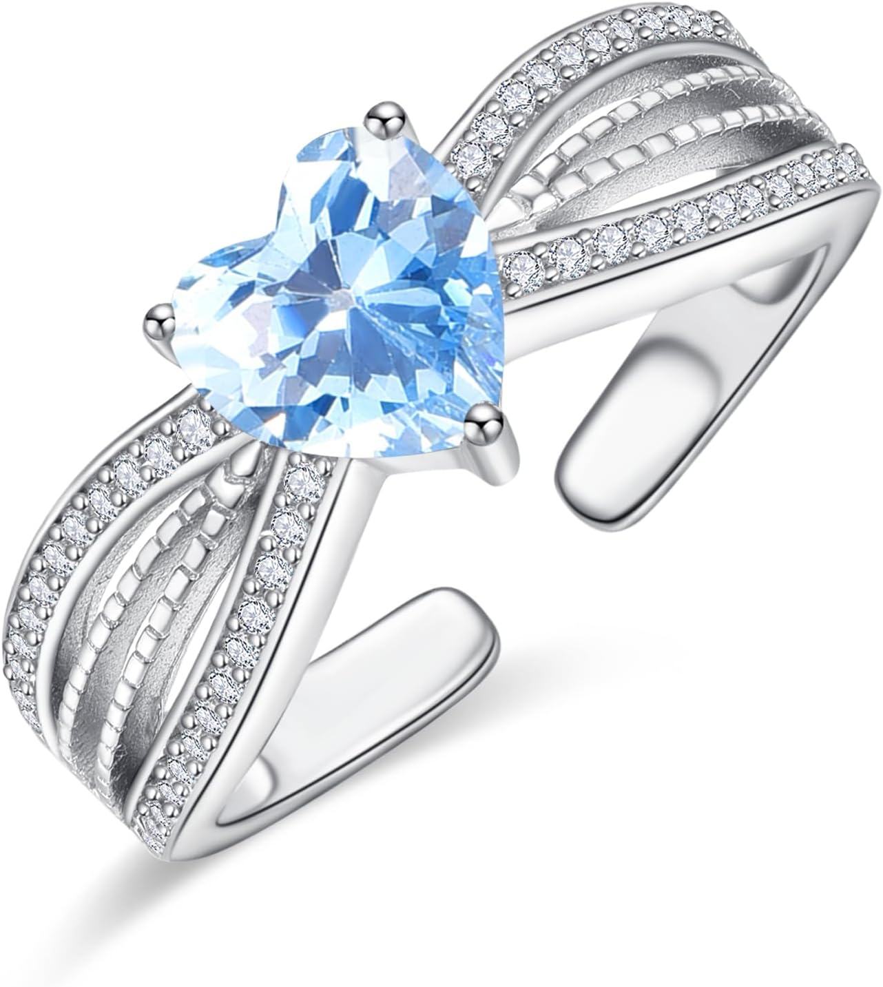 Sterling Silver CZ Heart Rings Adjustable Birthstone Jewelry Gift for Women Mom-December Birthstone