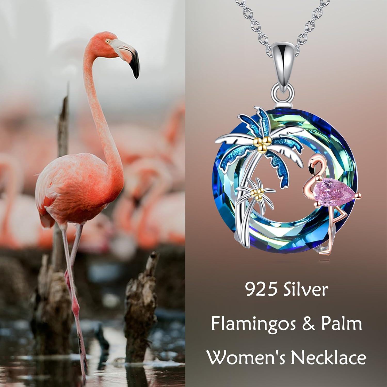 Sterling Silver Crystal Flamingo Pendant Necklace w Palm Trees-0-6