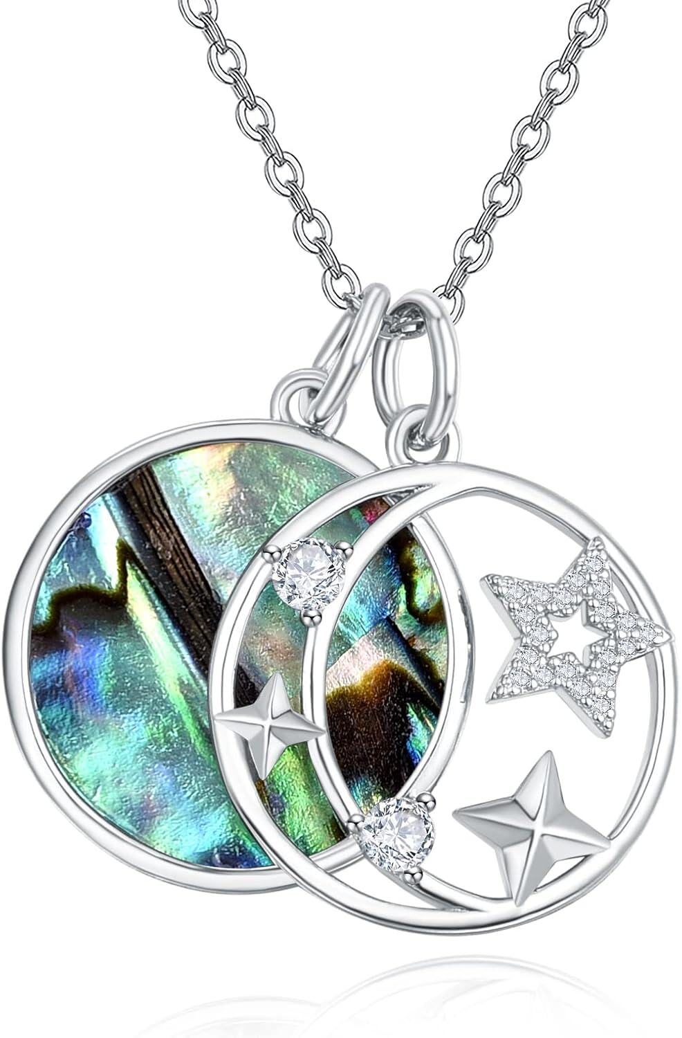  Sterling Silver Silver Abalone Pink Fritillary Malachite Moon Star Pendant Necklace -Abalone Shell