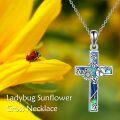 wholesale 925 Sterling Silver Abalone Sunflower & Ladybug Cross Pendant Necklace-0-5