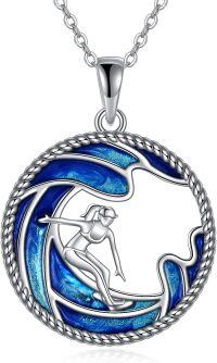 wholesale 925 Sterling Silver Surfer Girl on Blue Ocean Wave Pendant Necklace Beach s for Women-Surfer