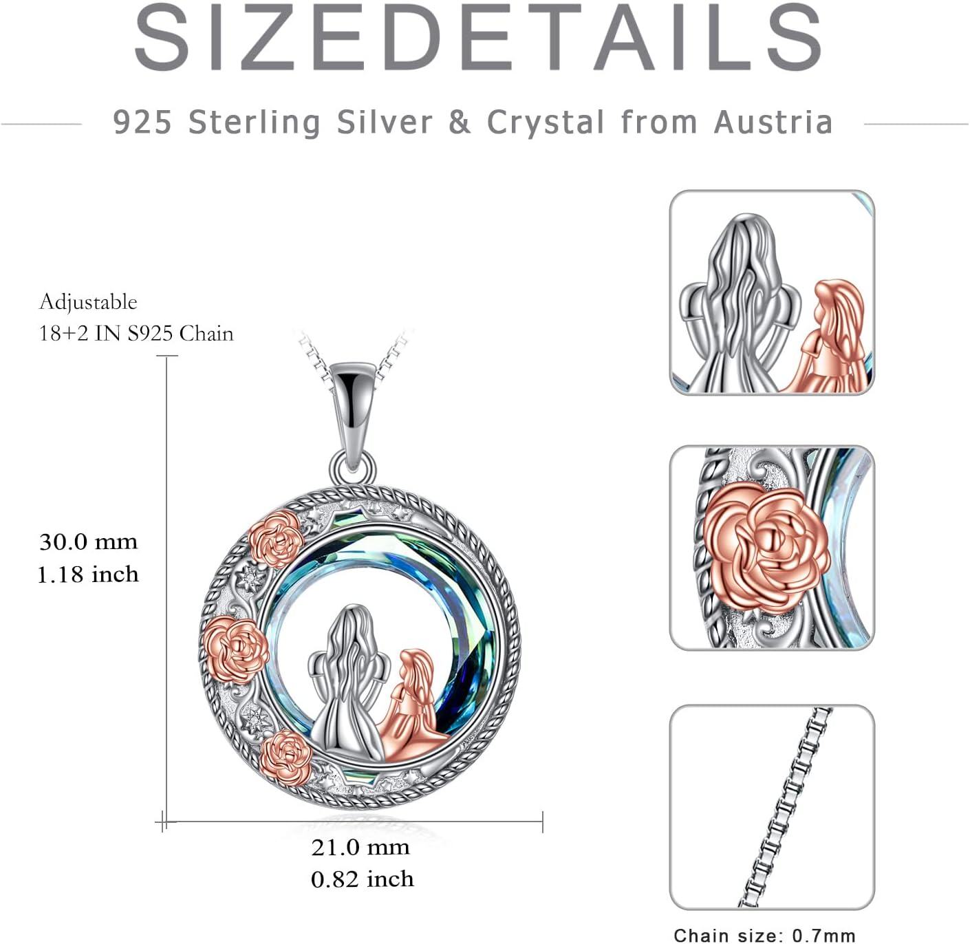 Sterling Silver Blue Crystal Mother and Children Rose Flower Necklace Gift for Mom-0-4