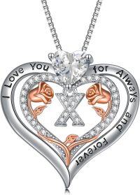 wholesale Sterling Silver Rose Pendant Necklace A Z Initial Letter Heart Jewelry for Women Valentine Mother s Day Birthday Gifts for Her-Letter X
