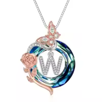 TOUPOP Sterling Silver Blue Crystal Rose Butterfly W Initial Necklace-undefined