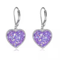 wholesale 925 Sterling Silver Metal Drusy Crystal Heart Dangle Earrings Wholesale (Pink/Blue/Purple) Leverback Drop s for Women-Purple Drusy