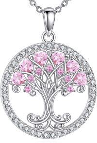wholesale 925 Sterling Silver Birthstones Tree of Life Necklace for Women Anniversary Birthday Christmas Wedding Jewelry for Wife Sister-10-Oct-Pink Tourmaline