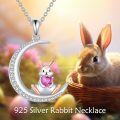 wholesale 925 Sterling Silver Pink Crystal Bunny on Crescent Moon Charm Necklace for Women Girls Gifts CUTE ANIMAL JEWELRY-0-2
