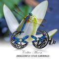 wholesale 925 Sterling Silver Blue Enamel Dragonfly Moon Stud Earrings - Irish  for Women-0-4