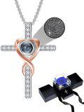 wholesale 18K White Gold Plated Silver & Moissanite 100 Languages I Love You Projection Infinity Cross Necklace with Rose Gift Box-0-0