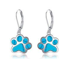 wholesale 925 Sterling Silver Turquoise Stone Paw Print Leverback Earring for Women Girls Animal Lover Gift-Turquoise paw