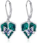 wholesale 925 Sterling Silver Butterfly & Leaf Drop Earrings with Green Enamel and Leverback Hooks-0-0