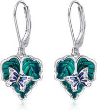 wholesale 925 Sterling Silver Butterfly & Leaf Drop Earrings with Green Enamel and Leverback Hooks-Butterfly