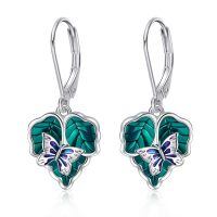 wholesale 925 Sterling Silver Butterfly & Leaf Drop Earrings with Green Enamel and Leverback Hooks-Butterfly