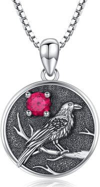 wholesale Silver Synthetic Stone Raven Pendant Crow Round Necklace Gift for Women-July - Ruby