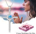 wholesale 925 Sterling Silver Blue Heart Moon & Star CZ Cross Pendant Necklace for Men/Women - Christian  Set with Chain (Silver)-0-5