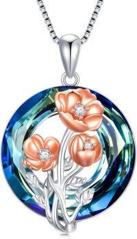 wholesale 925 Sterling Silver Birthstone Crystal Flower Pendant Necklace for Women Birthday Christmas Gifts-8-August-Poppy-Circle Crystal