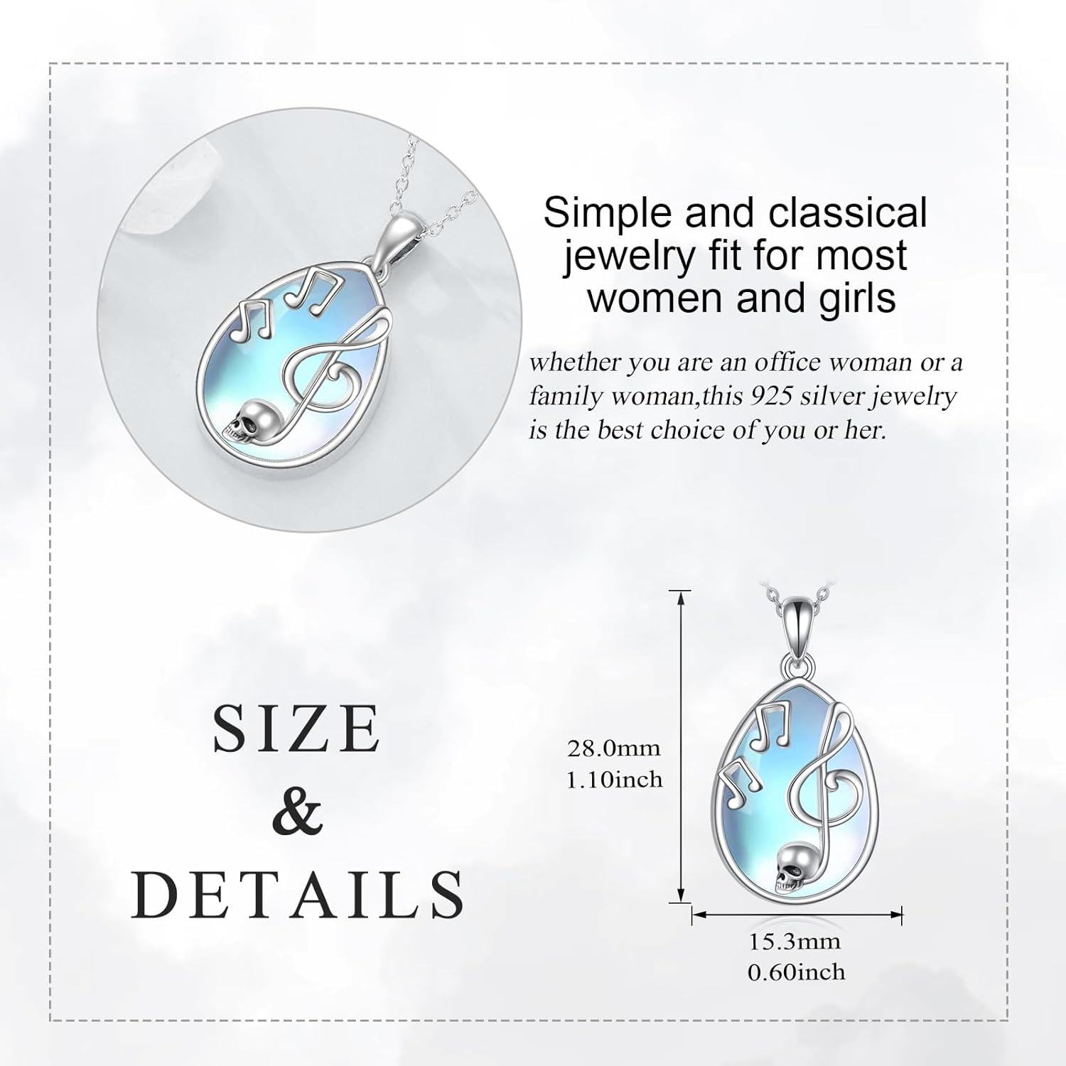 wholesale 925 Sterling Silver Musical Note & Treble Clef Pendant with Blue Opal Stone Necklaces for Women Music Lover Gifts-0-3