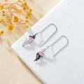wholesale 925 Sterling Silver Pink Heart Angel Wing Threader Drop Earrings with Black CZ Accents and White Cubic Zirconia Stones-0-2