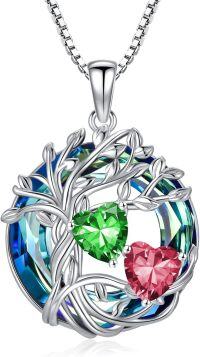 wholesale 18K White Gold Filled Sterling Silver Family Tree Pendant with 2 Heart Birthstones Blue Austrian Crystal Necklace for Women-05-07-May-Jul Birthstone