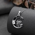 wholesale 925 Sterling Silver Elephant Family Crescent Moon Necklace with Black Crystal and Leaf Charm Pendant for Women Girls Gifts 43mm x 78mm-0-3