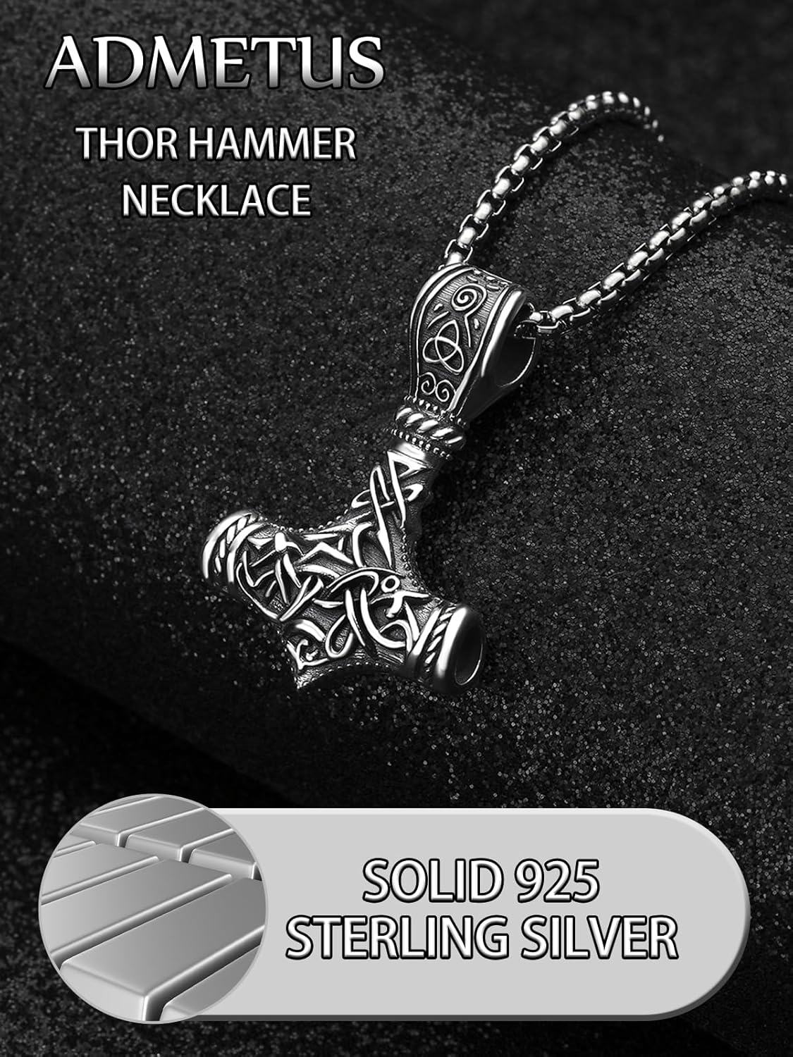 925 Sterling Silver Viking Mjolnir Hammer Pendant Necklace with 28 Rolo Chain for Men-0-3