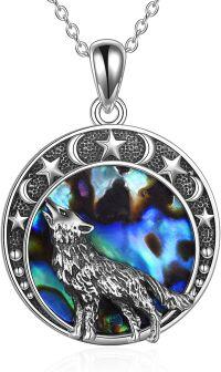 wholesale 925 Sterling Silver Oxidized Vintage Wolf Pendant with Abalone Shell and Moon Stars Necklace for Women Gift-Silver Abalone wolf necklace