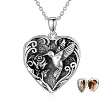 TOUPOP Sterling Silver Heart Locket Pendant Hummingbird Photo Jewelry-undefined