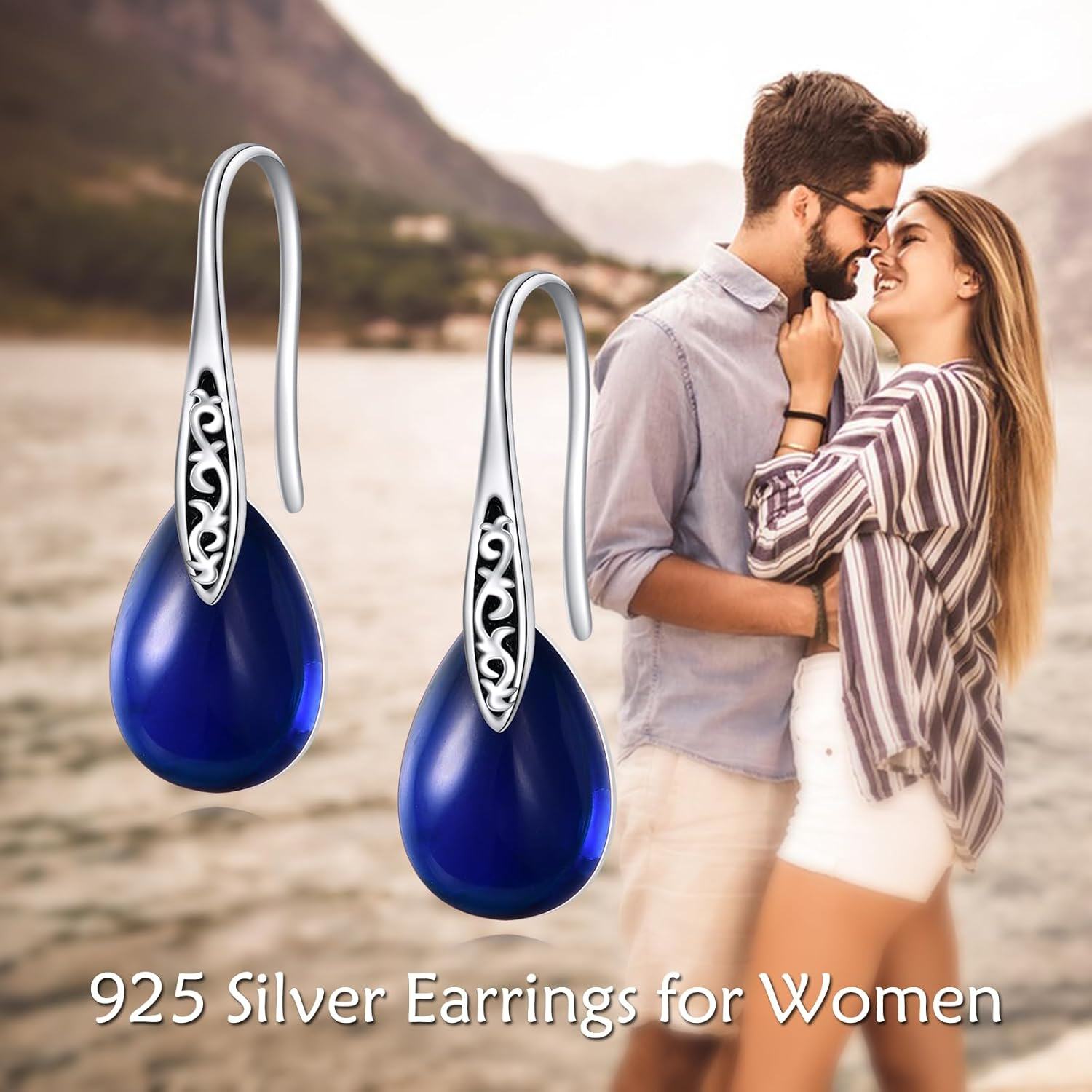 Sterling Silver Birthstone Vintage Teardrop Dangle Earrings for Women-0-3