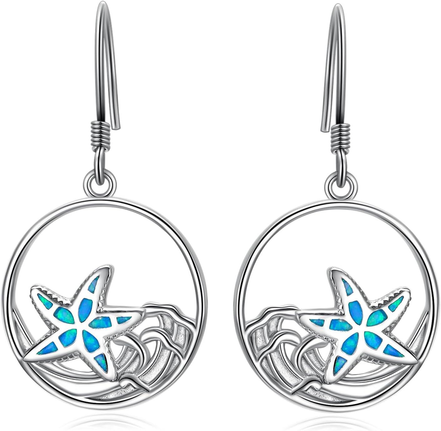 wholesale 925 Sterling Silver Blue Opal Starfish Wave Dangle Earrings Sea Life  for Women Girls-0-0