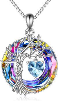 wholesale Sterling Silver Crystal Tree of Life Necklace for Women Birthstone Pendant-03-Mar-Aquamarine