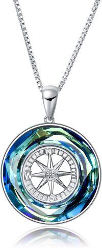 wholesale Sterling Silver Stone Compass Pendant Necklace Women s Graduation Jewelry Gift-Pendant, Silver (White Gold Plated), Blue Crystal, Compass Design