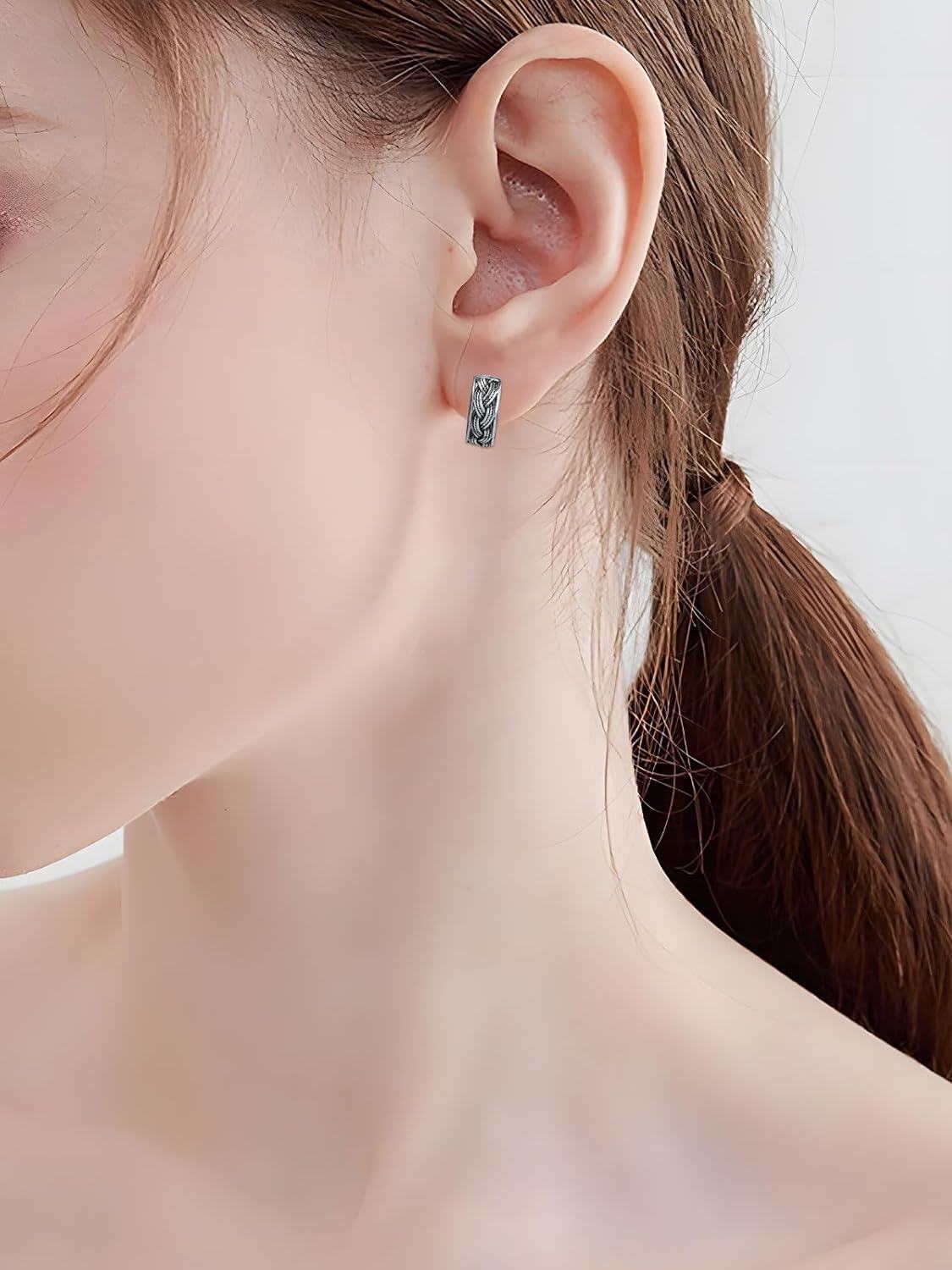wholesale 925 Sterling Silver Bali Style Braided Patterned Huggie Hoop Earrings with Blackened Finish - 14mm Diameter-0-4