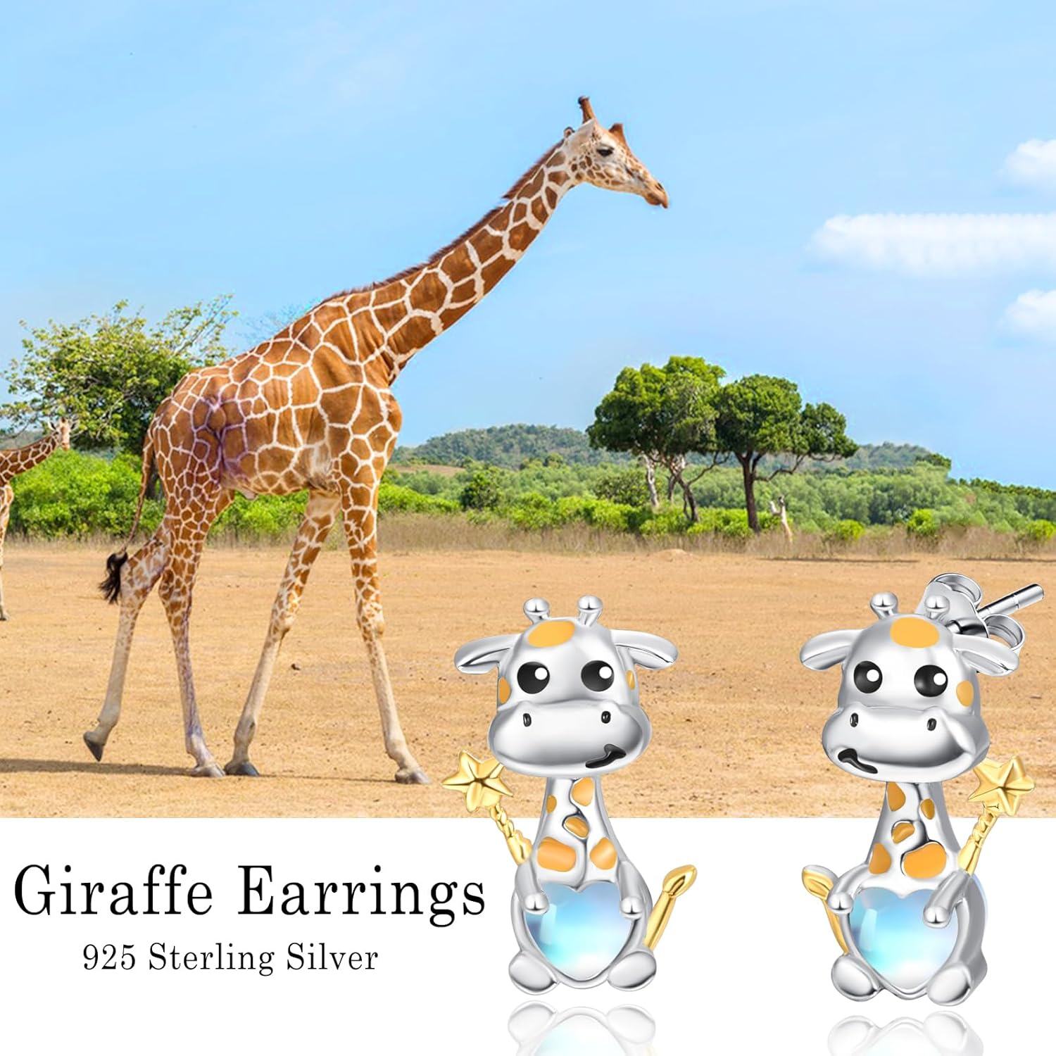 925 Sterling Silver Giraffe Moonstone Stud Earrings for Girls and Women - Hypoallergenic -0-2